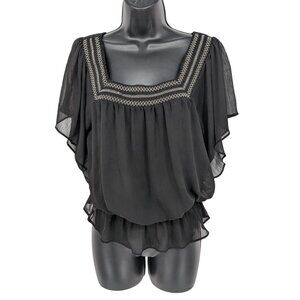 Vintage Mudd Sheer Peasant Top Women Size L Flutter Sleeve Y2K Embroidered Boho